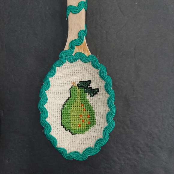 Handmade Wooden Spoon  kitchen Decor Cross Stitching Pear 13.5" - Picture 2 of 2